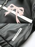 Black Bow Faux Leather Biker Jacket-Outfit