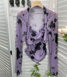 Women Twisted V Neck Long Sleeve T-shirts Tops Girls Stretchy Tie-dyed Mesh Sheath Tee Shirts For Female-Outfit