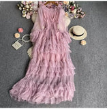 Fongt High-End Feel Leaf Edge Mesh Cake Dress Women's Waist Thin Temperament A Word Shoulder Super Fairy Long Skirt