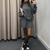 Fongt Women's Clothing 2025 Autumn/Winter New High-Necked Long-Sleeved Fashion Casual Rolled Short Dress Set