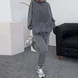 Fongt New Fall / Winter 2023 Solid Color Round Collar Lazy Long-Sleeved Hoodie Casual Sweatpants Suit-Outfit
