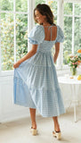Plaid Puff Sleeve Midi Dress-Outfit