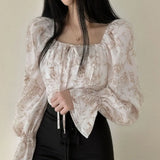 Vintage Square Neck Puff Sleeve Floral Blouse-Outfit