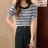 Fongt Ice Silk Striped Knitted Short-Sleeved T-Shirt For Women's 2023 Summer New High-Waisted Loose Bubble Sleeve Short