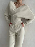 Women Knitted Suits Long Sleeve Casual Ribbed Cropped Pullover Tops and Pencil Pants Two Piece Set Elegant Tracksuit for Women-Outfit