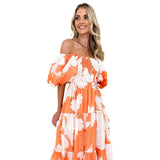 Fongt Spring And Summer Temperament Elegant Print Shoulder Bubble Sleeve Fashion Dress