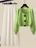 Knit Sets Womens Outfits French Vintage Square Collar Knitted Sweater And Wide Leg Pants Two Pieces Sets Office Lady