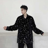 Men's Velvet Shirt Oversized Inspired Start Rhinestone Overshirt Black Loose Hip Hop Streetwear Long Sleeve