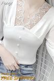 Fashion Lace V-neck Hollow Out Patchwork Button Shirt New Summer Autumn 2023 Long Sleeve Pullovers Women's Clothing