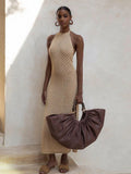 Knitted Summer Dress Backless Cut out Stretch Halter Tie up Solid Color Maxi Dresses for Women Party Club Sexy Robe