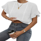 Fongt New Twisted Rope Flounce Short Sleeve Round Collar Knit Sweater Women Top-Outfit