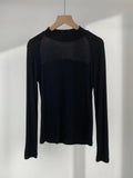 Fongt Show Thin Temperament Mesh Hollow Out Black Bottom Shirt Women's New Slim Half High Collar With Long-Sleeved T-Shirt-Outfit