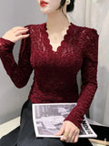New V-neck Slim Fit Long Sleeve Lace T-shirt for Women V Neck Slim Cropped Tops T Shirts Female Stretch Tee-Outfit