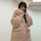 Advanced Sense Long Down Jacket Female 2024 Winter New Korean Version Of Big Hair Collar And Thick White Duck Down Warm Coat Tide-Outfit