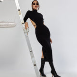 Sexy Women Backless Midi Dress Turtleneck Long Sleeve Elegant Slim Dresses 2021 Autumn Black Casual Basic Bodycon