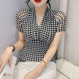 Sexy Slim Houndstooth Pullovers All-match Stylish Patchwork Casual 2023 Female Clothing Elegant V-Neck Commute T-shirt-Outfit