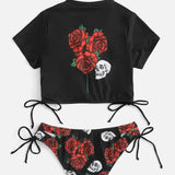 2022 New Set Board Single Rose Print Rope Split Bikini