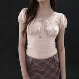 Sweet Bandage Bow Crop Top Pink Cute Coquette Ruched Short Sleeve T Shirt Summer Casual Square Collar Tees y2k Aesthetic-Outfit
