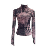 Real Shooting Denim Pattern Dye Printing Retro Babes Thin Mesh T-Shirt High-Necked Long Sleeve Bottom Shirt Top