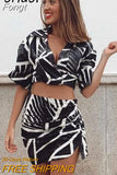 Geometrical Print White Black Blouse Skirt Sets Suits Women Summer New Two Pieces Set Ruched Crop Top Dress Sets