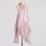 Fongt 2025 New Fashion Sweet Wind Flowers Hanging Neck Design Sleeveless Irregularity Of The Dress