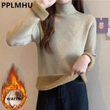 Women's Fall Winter Thicken Slim Sweater Casual Mock Neck Plus Velvet Knitted Tops Warm Soft Jumper Basic Knitwear Jumper