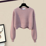 Winter Knitted 2 Piece Sets Women Long Sleeve Knitted Sweater And High Waist Mesh Long Skirts Sets For Women