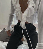 Stylish Women Sexy Tie bow Front Ruffles Cropped Shirt High waist Short Blouse Long Flare sleeve French Tops Black