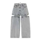 Women's Denim Pants Loose Waist Zip Hollow Out Solid Color Wide-leg Floor-length Jeans Autumn 2023 New Tide-Outfit