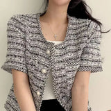 Chic O-neck Double Pockets Coat Women Summer Pearl Button Breasted Jackets Loose Short Sleeve Tweed Jacket-Outfit