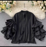 Shirt Woman Multilayer Flounce Horn Sleeve Shirt Loose Versatile Small Stand-Outfit