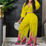 African Sexy Beach Pleated Suit Two Piece Sets Womens Outfits Summer Clothes Bat Sleeve Crop Top Wide Leg Trousers