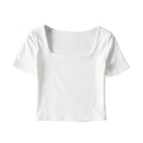 Solid Color Square Neckline Navel Women's Short Sleeves Summer High Waist Thin T-Shirt Cotton Large Neckline Slim Blouse-Outfit
