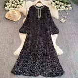 Fongt Elegant Dress Women Fashion Nail Drill Hollow Round Long Sleeves Loose Thin Leopard Embossed Skirt