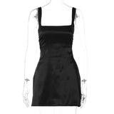 Solid Satin Square Neck Strap Mini Dress-Outfit
