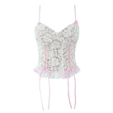 White Lace Pink Bow Strap Corset Top-Outfit