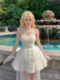 Sweet Strapless Dress for Women Summer New Slim Waist A-line Dresses Y2k Mesh Patchwork Fairycore Vestidos Mujer-Outfit
