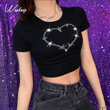 Diamonds Patchwork Vintage Slim T-shirt Women Short Sleeve Summer Contrast Harajuku Cropped Tops Cotton Basic Tee