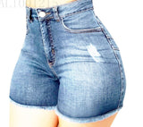 High Waist Elastic Slim Hole Tassel Denim Shorts Woman-Outfit
