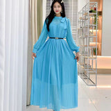 Fongt 2025 New Sweet Bow Heavy Industry Waist Display Thin Folding Solid Color Chiffon Long Sleeve Dress