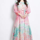 Fongt Holiday Style Dress 2025 New One-Word Shoulder Strap With Waist Lantern Sleeve Print Chiffon Long Dress Woman