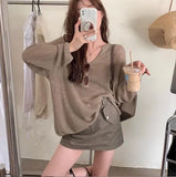Fongt New Korean Loose Lazy Wind Long Sleeve Large Version V-Neck Ice Silk Jacket Women's Spring And Summer Thin Hollow Out Sweater-Outfit