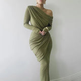 Draped Off-Shoulder Long Sleeve Top And Maxi Skirt Set-Outfit
