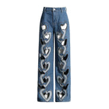 Fashion Trend Design Straight Trousers 2025 Summer New High-Waist Print Love Hollow Broad-Legged Jeans