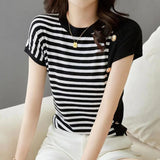 Commuter Fashion Button Striped Patchwork Pullovers Top 2023 Summer New Women Clothing O-Neck Short Sleeve Casual T-shirt-Outfit