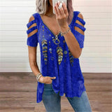 Collar Leisure Zipper Pullover Print Short Sleeve Loose T-shirt