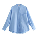New Women Simply Stand Collar Solid Green Casual Kimono Shirt Female Pocket Patch Blouse Roupas Chic Blusas Tops