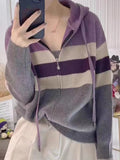 2024 New Color Striped Double Zipper Hat Knitted Cardigan Women's Loose Thin Sweater Jacket-Outfit
