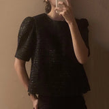 Patchwork Blusas Mujer Small Fragrance Shirts Blouses Puff Short Sleeve Camisas Spring Summer Tops Loose Casual Ropa-Outfit