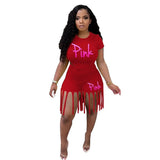 Plus Size Women Set S-5XL PINK Letter Print Round Neck Top And Tassel Shorts Two Piece Sets Casual 2pcs Outfits